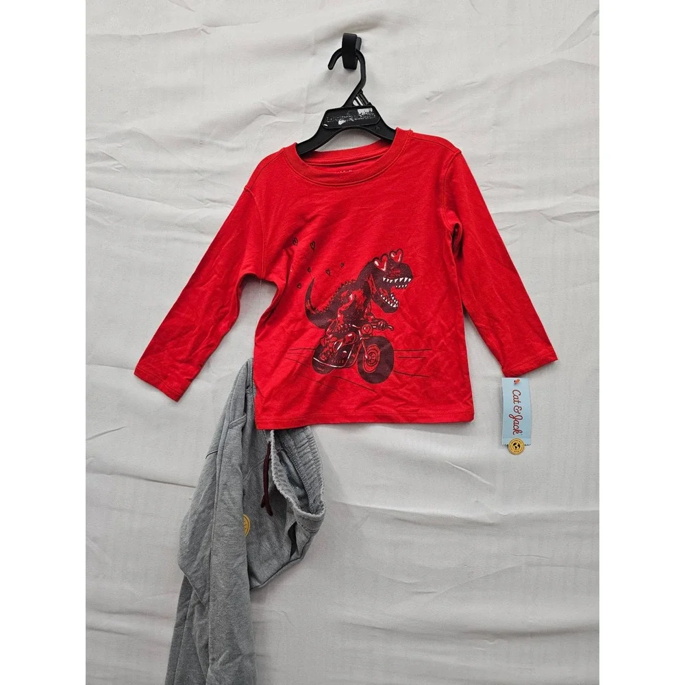 Cat & Jack Boys 2pc Outfit Set Red Dinosaur Motorcycle Shirt Gray Joggers 3T NEW